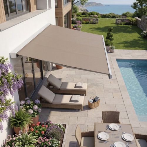 Full Cassette Manual Awning 5m x 3m with Silk Grey Frame and Mocha Fabric