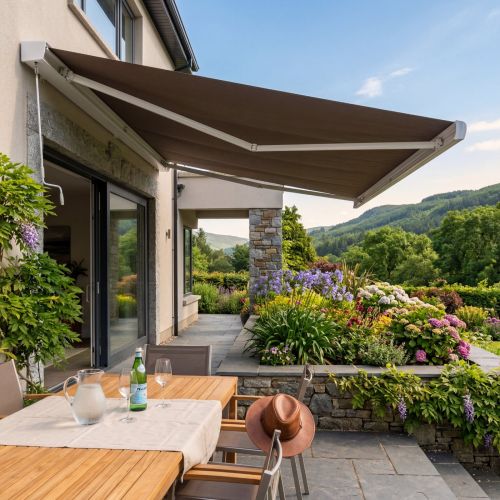 Full Cassette Manual Awning 6m x 3m with Silk Grey Frame and Mocha Fabric