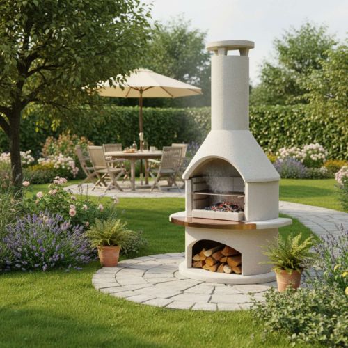 Rondo White Patio Barbecue with Copper Inlay - Buschbeck Masonry