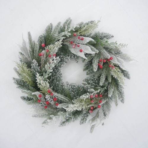 24" (60cm) Diara Christmas Wreath with 64 Tips, Berries and Snow