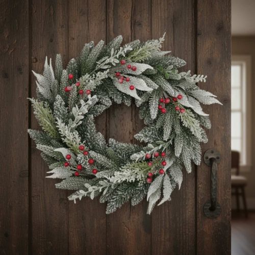 24" (60cm) Diara Christmas Wreath with 64 Tips, Berries and Snow