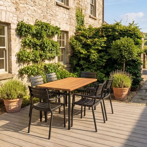 6 Seater Rectangular Canyon Walnut Werzalit Table & Black Paris Chairs