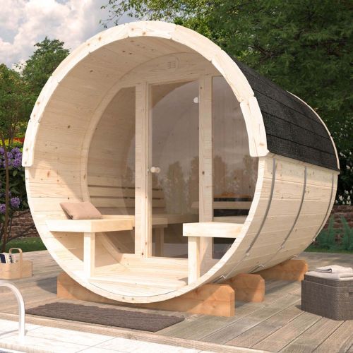 Anita Deluxe 2.2m x 2.5m Barrel Sauna (Glass Wall) with 6KW Narvi Heater