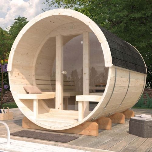 Anita Deluxe 2.2m x 2.9m Barrel Sauna (Glass Wall) with 6KW Narvi Heater