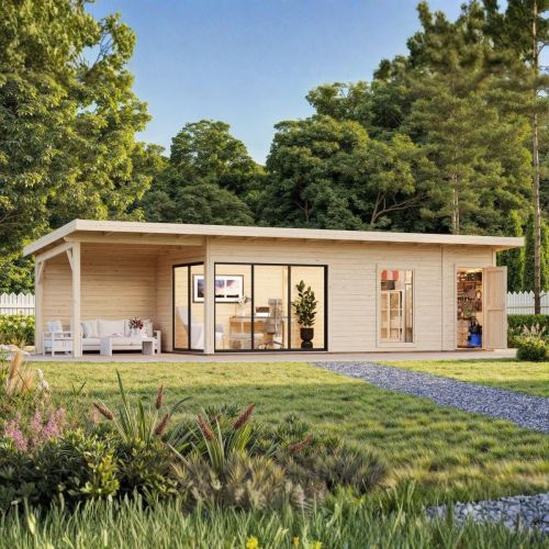 Andrea 21.1m2 + 7.9m2 Garden Cabin with Sliding Doors, Canopy & Side Shed