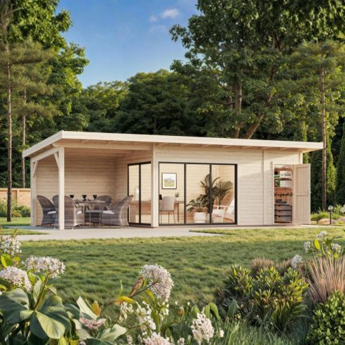 Andrea 15.2m2 + 7.9m2 Garden Cabin with Sliding Doors & Canopy