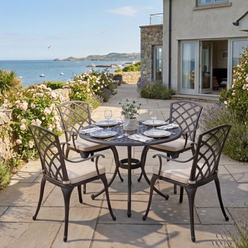 Opal 4 Seat Round Cast Aluminium Garden Dining Set in Bronze with Cushions