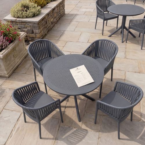 4 Portofino Armchair and Sky Round Table 105 Set in Dark Grey