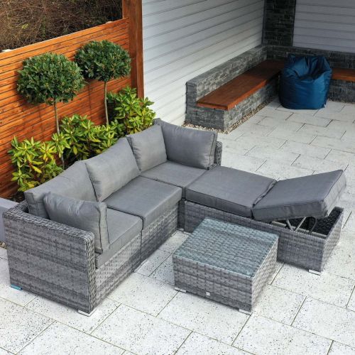 Rio Grande Reclining Bench Rattan Corner Sofa Set - Grey