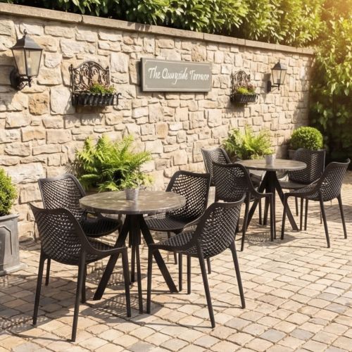 4 Seater Set Karacabey Marble Round Werzalit Table with Fuoz Legs & Air Chairs