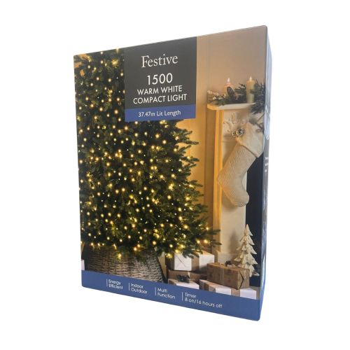 1500 Compact Christmas Warm White LED Lights with Green Cable