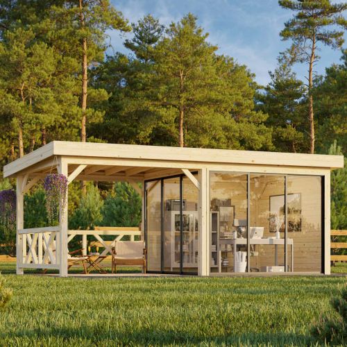 Sorcha 16.6m Flat Roof Gazebo with 1 Full Wall, 2 Side Fences and 3 Sliding Doors (6m x 3m)