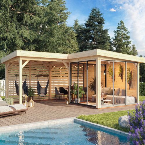 Lenna 24.9m L Flat Roof Connect with 2 Full Walls, 2 Louvre Walls and 3 Sliding Doors (6m x 6m x 3m)