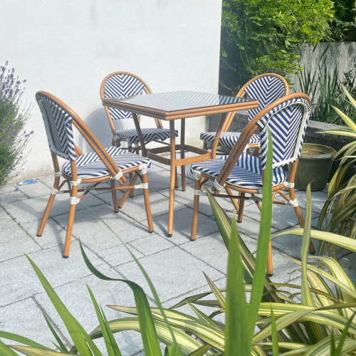 Rennes Parisian Outdoor Table with 4 Armless Chairs in Blue and White Pattern