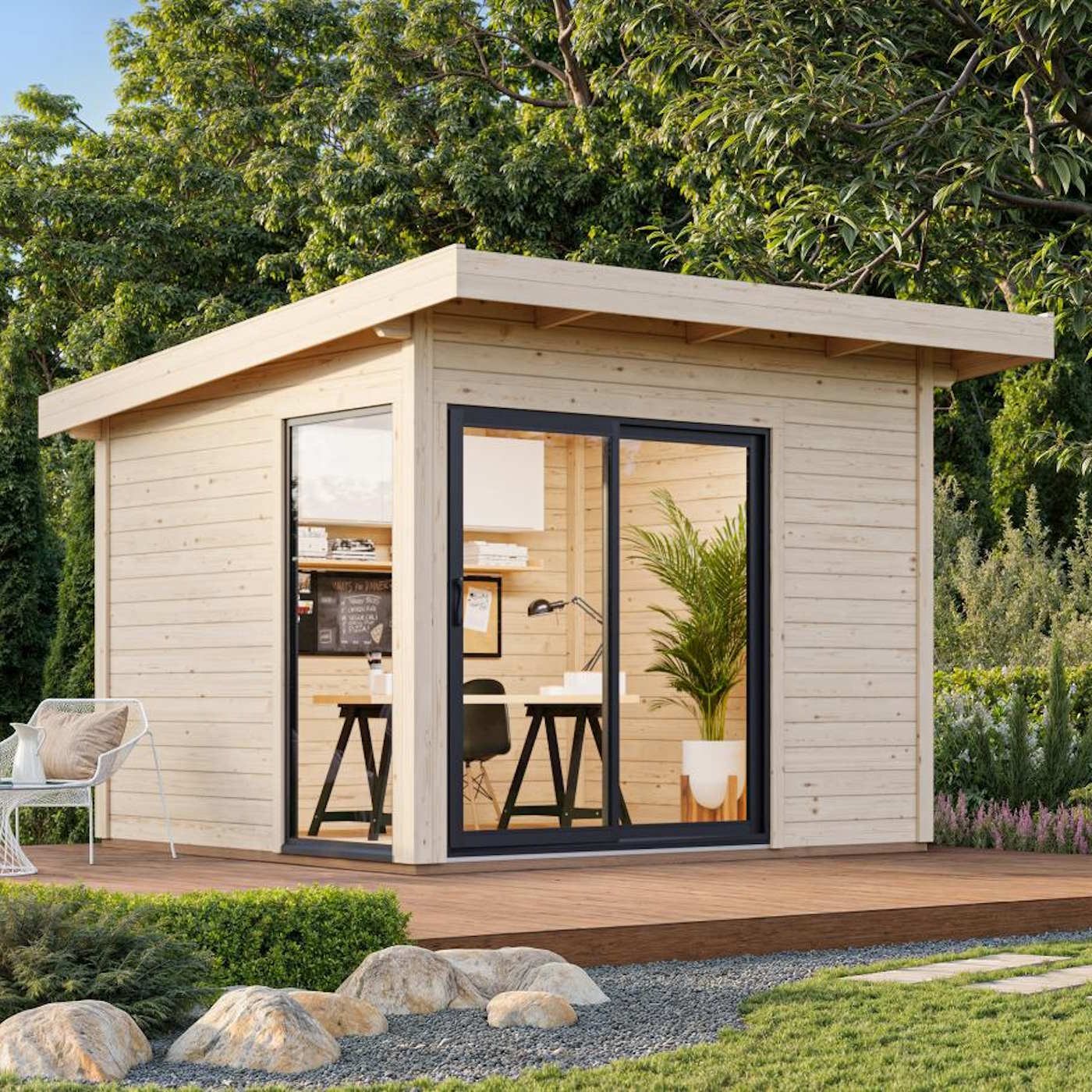 Andrea 7.5sqm (2.5m x 3m) Slide Plus Garden Room / Garden Office with Double Toughened Glass