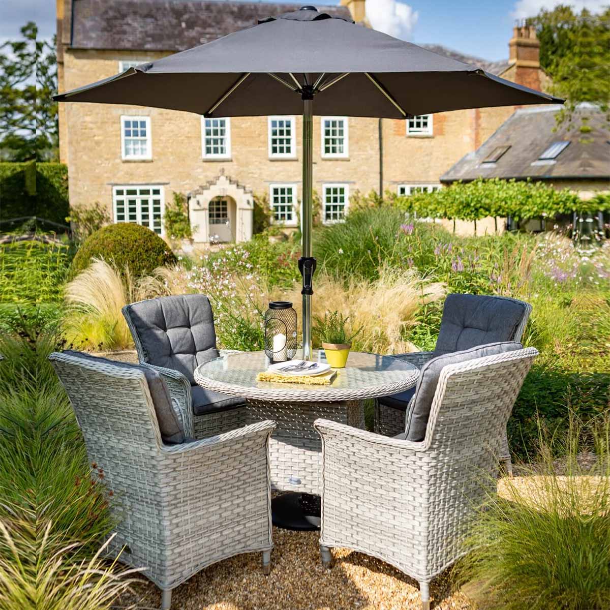 Heritage Tuscan 4 Seat Round Ceramic Top Set in Ash with Parasol and Base