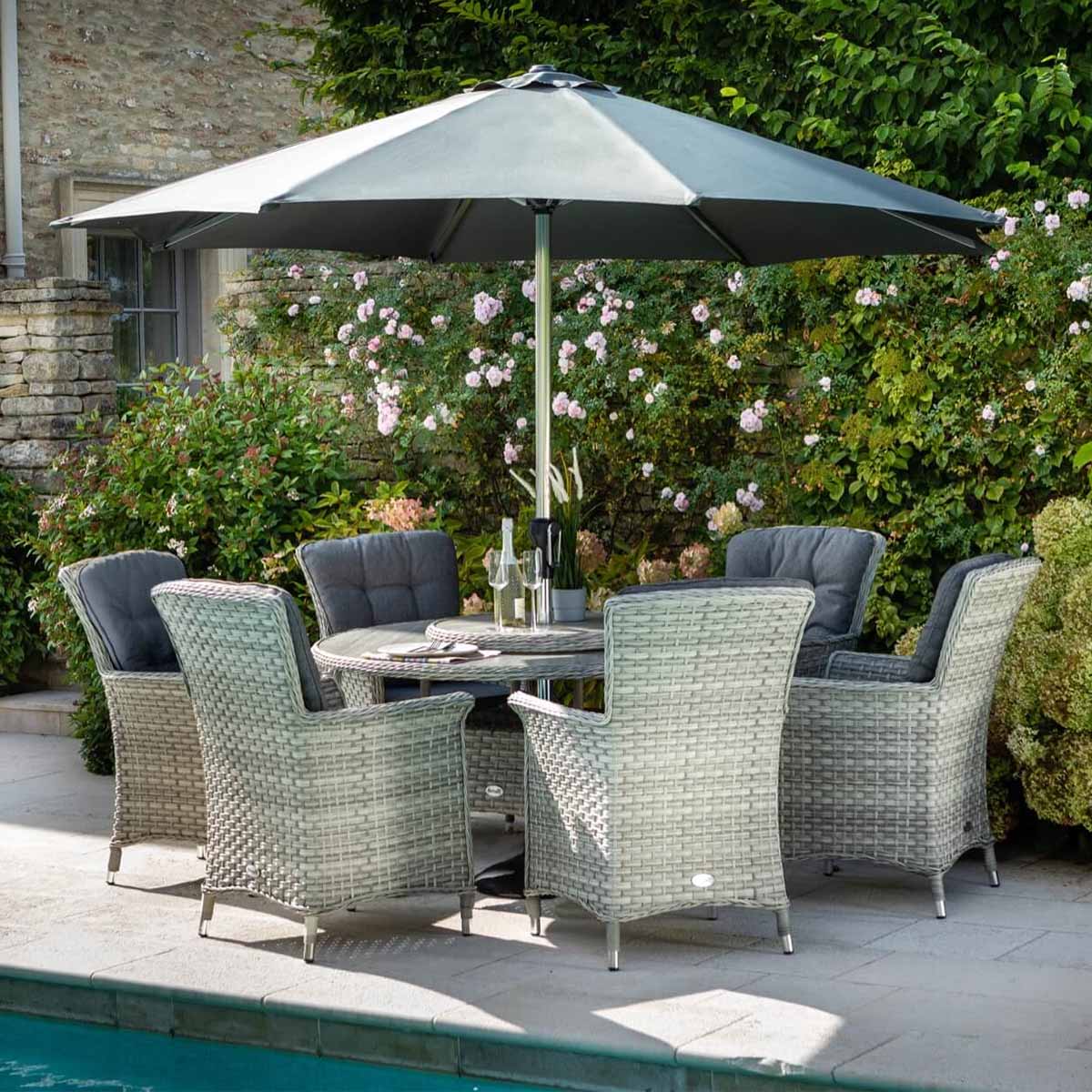 Heritage Tuscan 6 Seat Round Ceramic Top Set in Ash with Parasol and Base