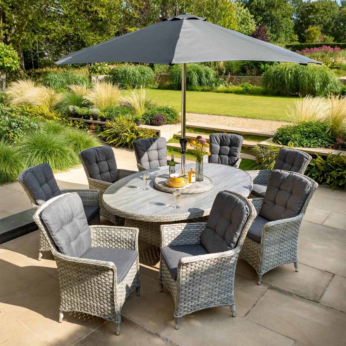 Heritage Tuscan 8 Seat Elliptical Ceramic Top Set in Ash with Parasol and Base