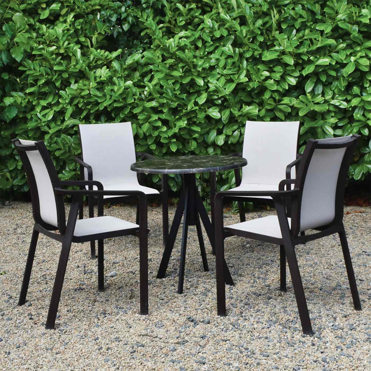 Karacabey Marble 70cm Round Werzalit Table Fuoz Legs & 4 Pacific Charis in Brown