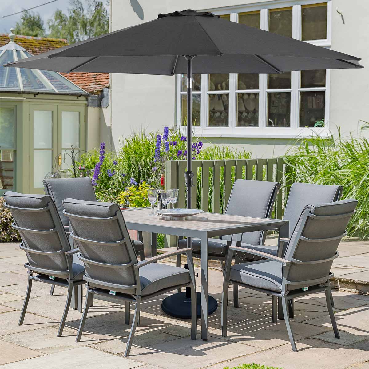 Milano 6 Highback Armchairs Seat Rectangular Set with Parasol and Base