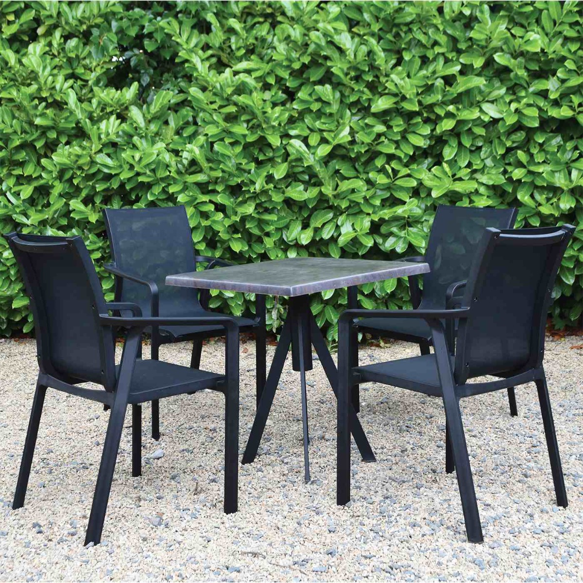 4 Seater Set Metallic Oxid 70cm x 70cm Square Werzalit Table Fuoz Legs & Black Pacific Chairs