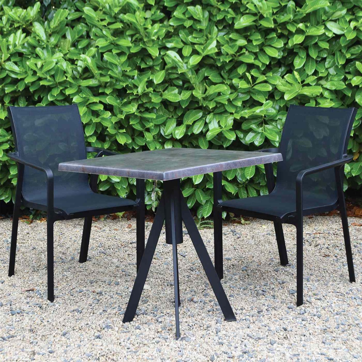 2 Seater Set Metallic Oxid 70cm x 70cm Square Werzalit Table Fuoz Legs & Black Pacific Chairs