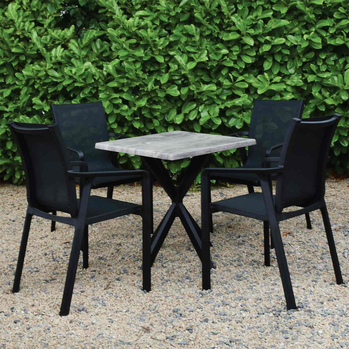 4 Seater Set Old Pine 70cmx70cm Square Werzalit Table Lexi Legs & Pacific Chairs