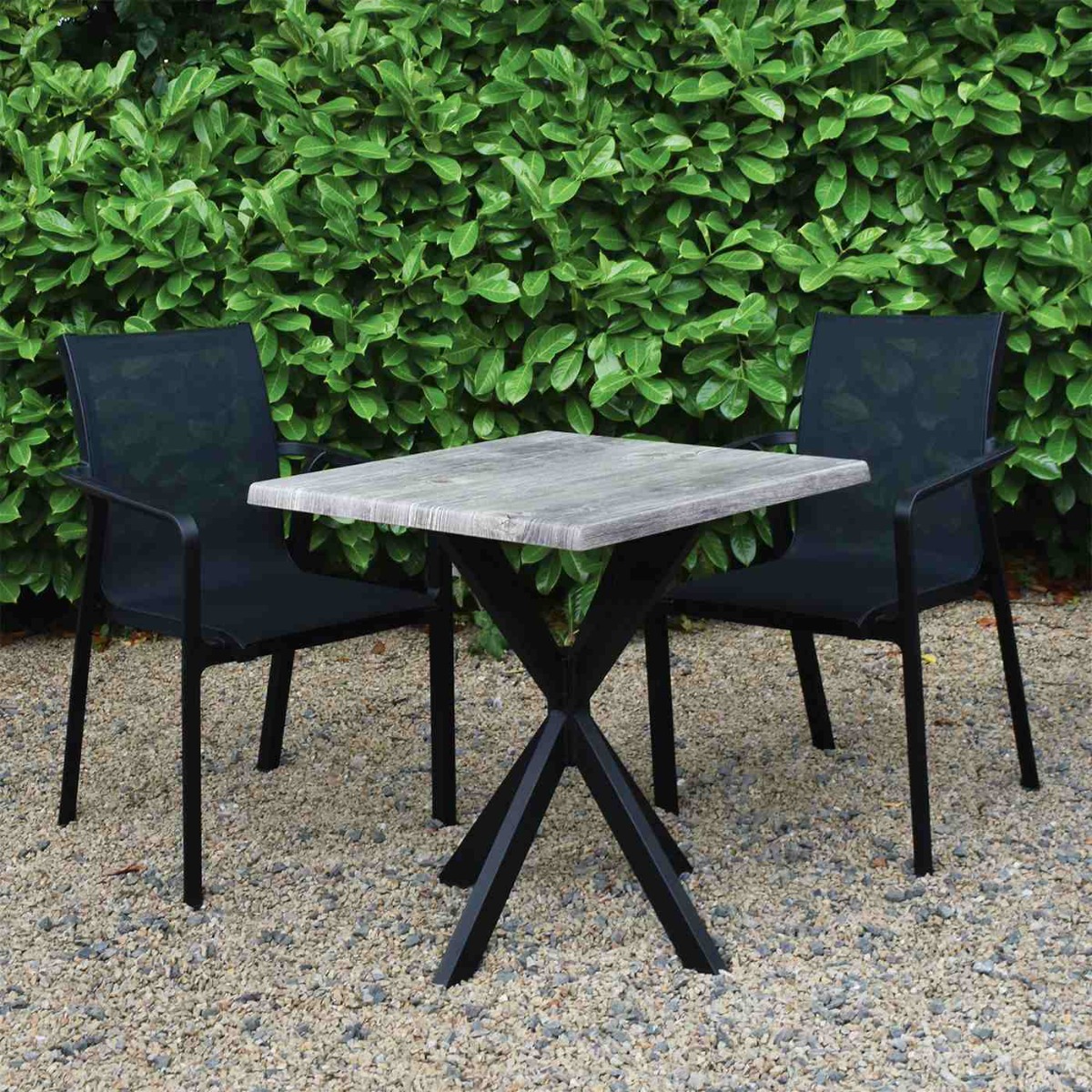 2 Seater Set Old Pine 70x70cm Square Werzalit Table Lexi Legs & Pacific Chairs