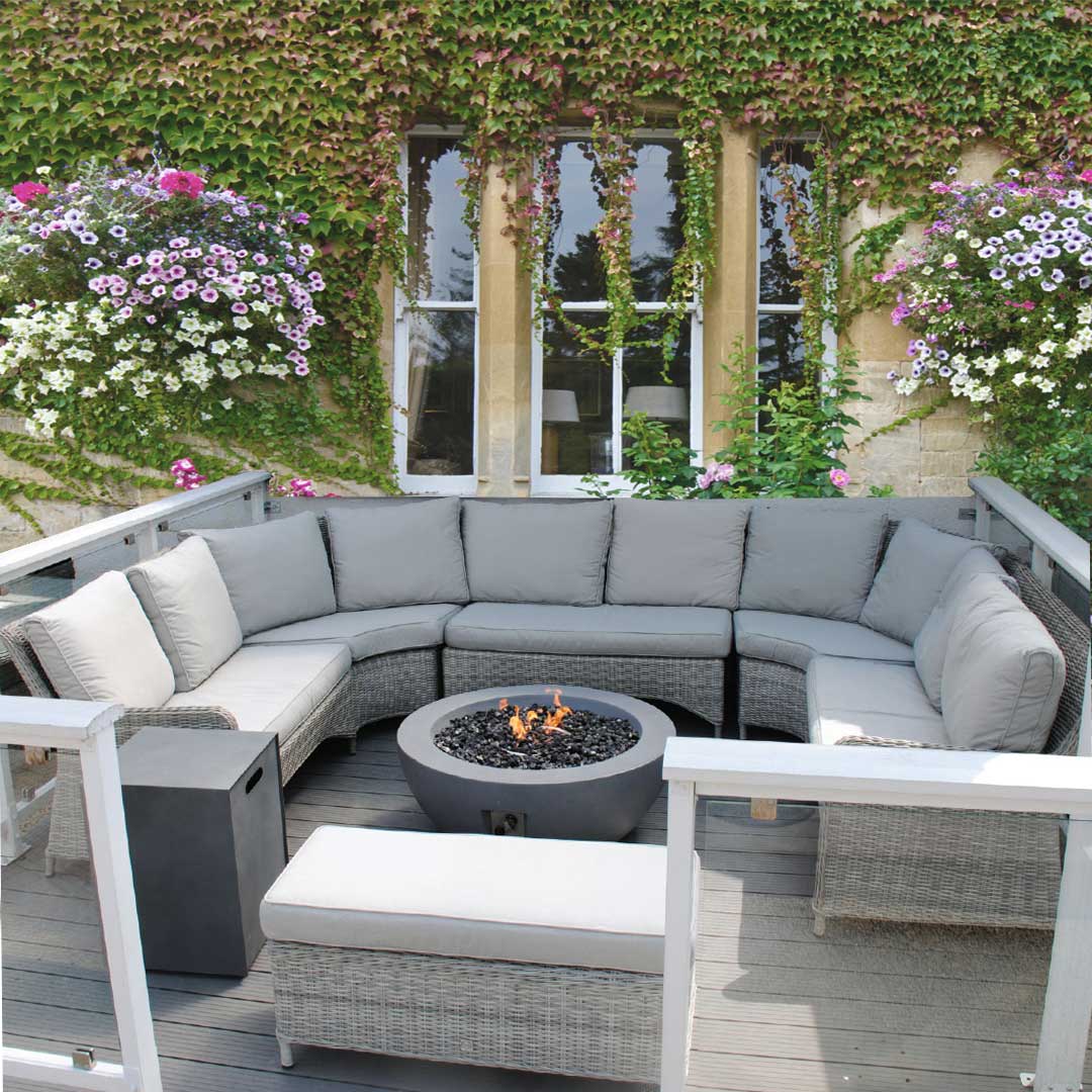 Hamilton U Shaped Rattan Sofa Set with Lasair Round Fire Bowl