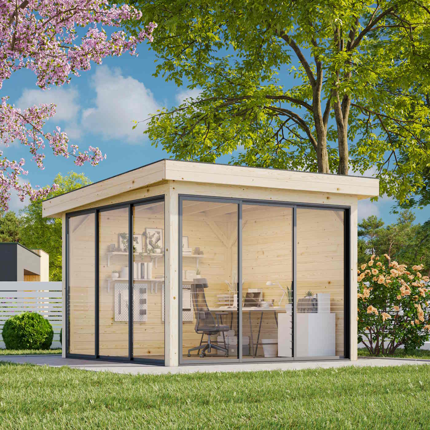 Lenna 8.3m Flat Roof Connect with 2 Full Walls and 2 Sliding Doors (3m x 3m)