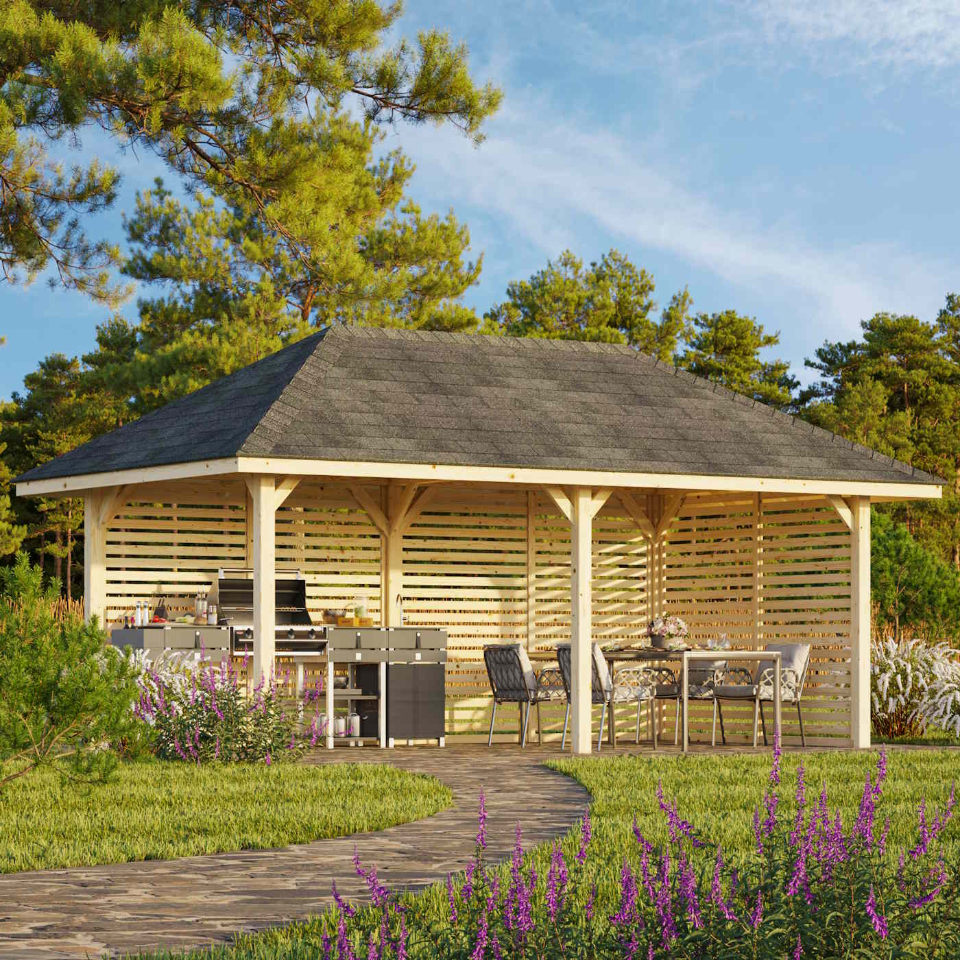 Bianca 16.6m Gazebo with Louvre Wall and Connect Fence (319cm x 588cm x 300cm)