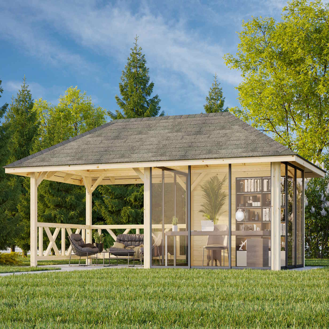 Bianca 16.6m Gazebo with Wall, Louvre Fence and 3 Sliding Doors (319cm x 588cm x 300cm)