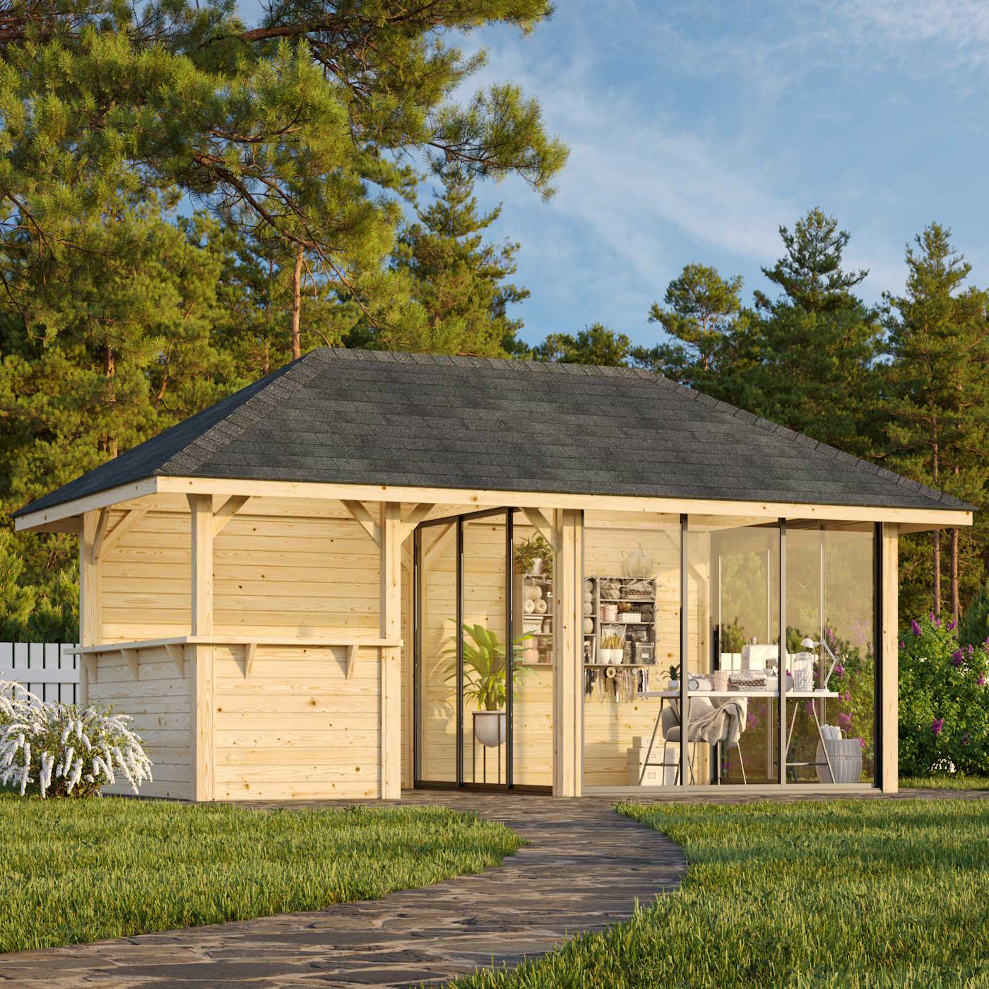 Bianca 16.6m Gazebo with 2 Walls, 3 Sliding Doors and Corner Half Wall (319cm x 588cm x 300cm)