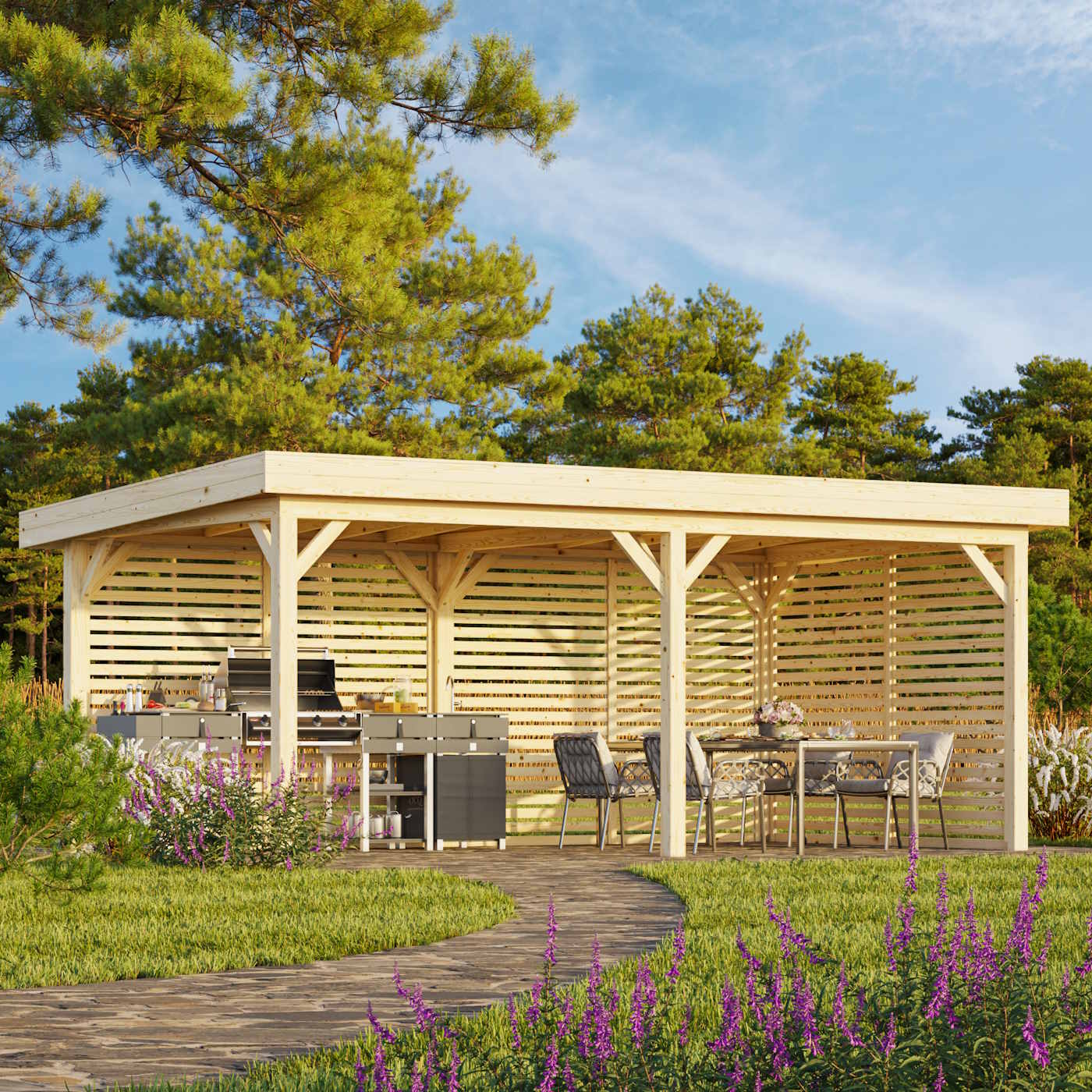 Lenna 16.6m Flat Roof Connect with 3 Louvre Walls (6m x 3m)