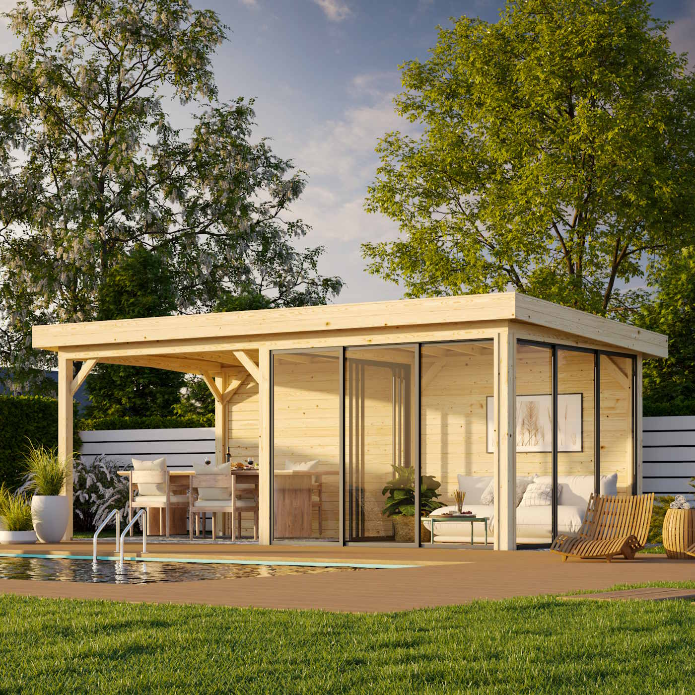 Lenna 16.6m Flat Roof Connect with 2 Full Walls and 3 Sliding Doors (6m x 3m)
