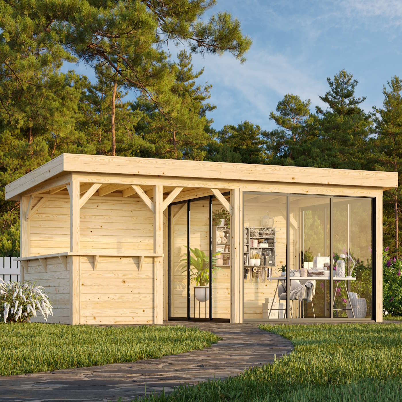 Lenna 16.6m Flat Roof Connect with 2 Full Walls, 3 Sliding Doors and Corner Half Wall (6m x 3m)