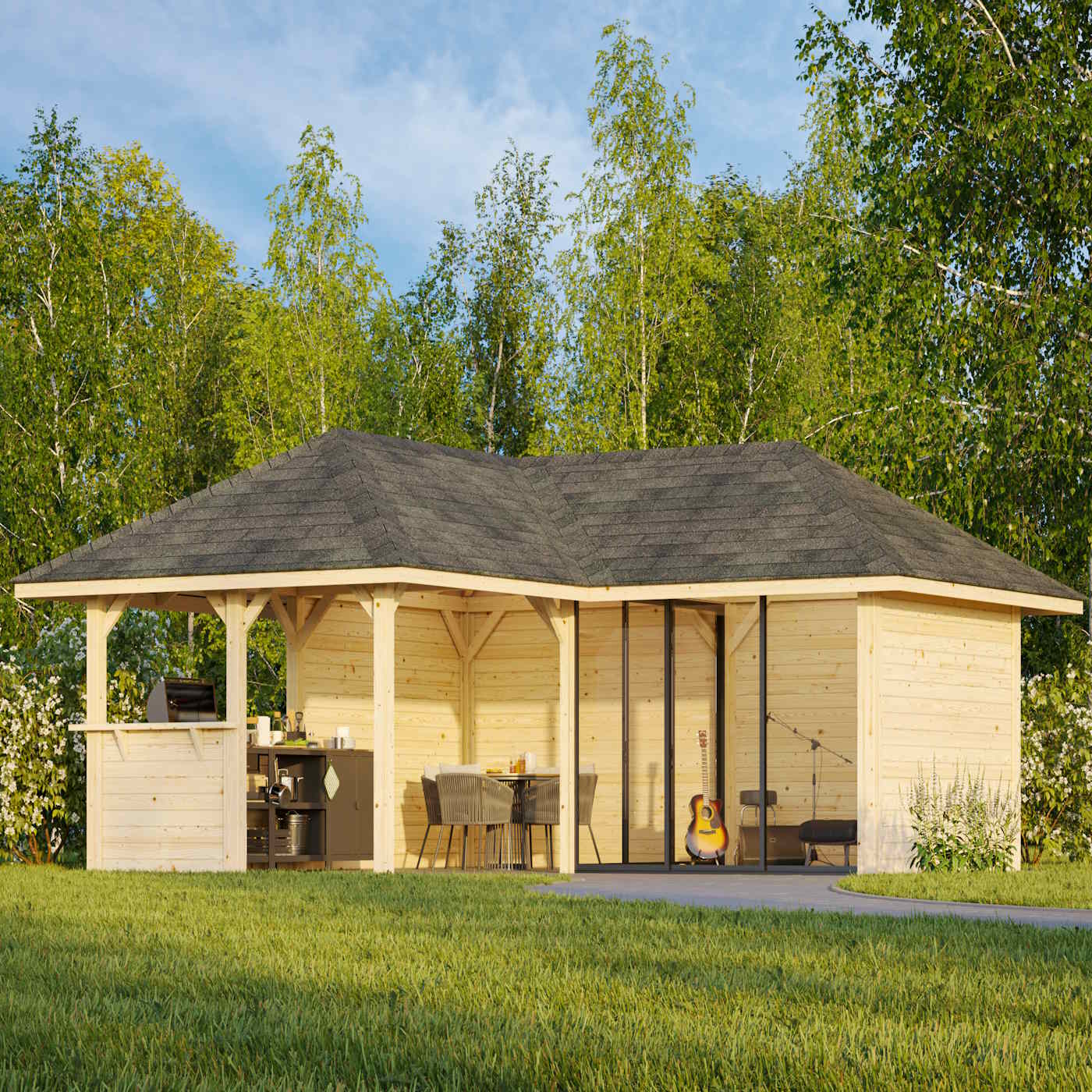 Bianca 24.9m L Gazebo with 5 Full Walls, 2 Sliding Doors and Corner Half Wall (319cm x 588cm x 588cm)