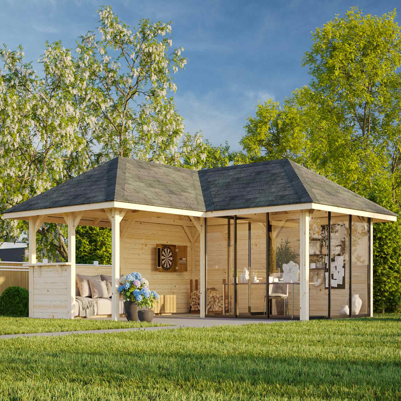 Bianca 24.9m L Gazebo with 3 Full Walls, 3 Sliding Doors and Corner Half Wall (319cm x 588cm x 588cm)