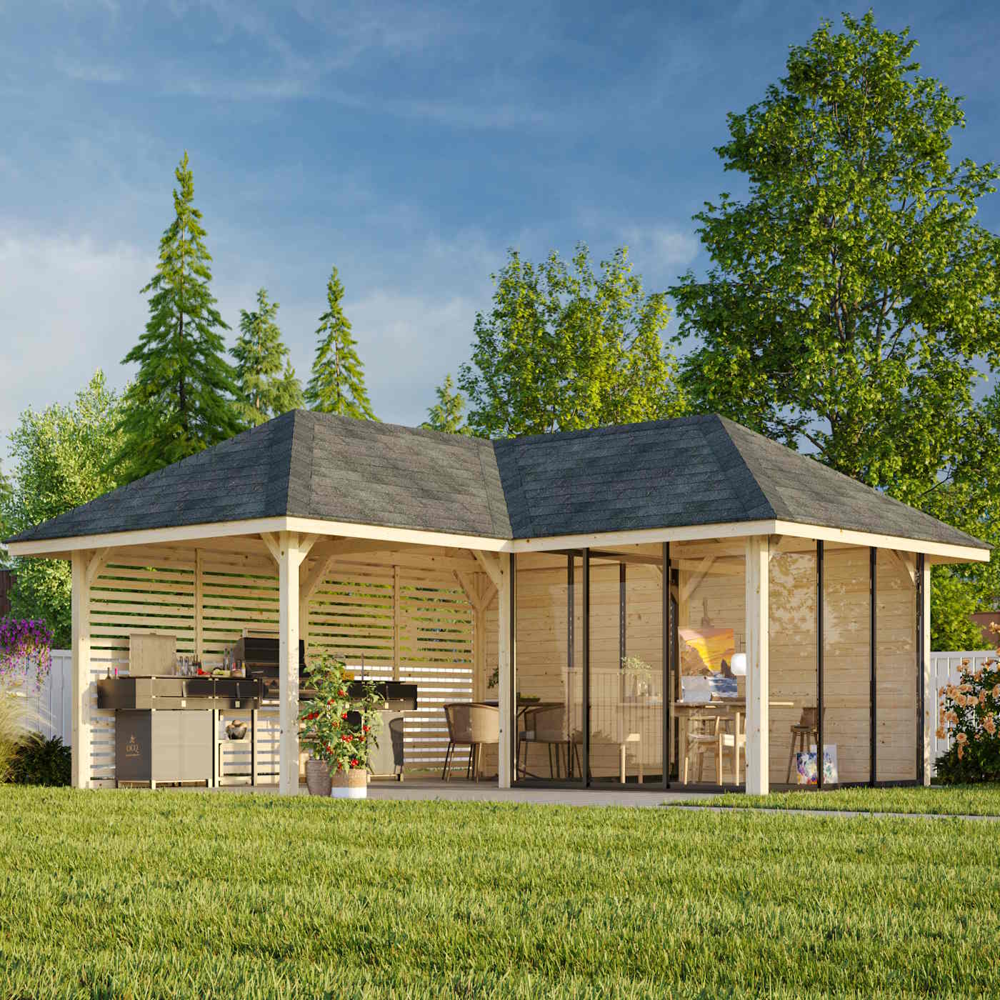 Bianca 24.9m L Gazebo with 2 Full Walls, 2 Louvre Walls and 2 Sliding Doors (319cm x 588cm x 588cm)