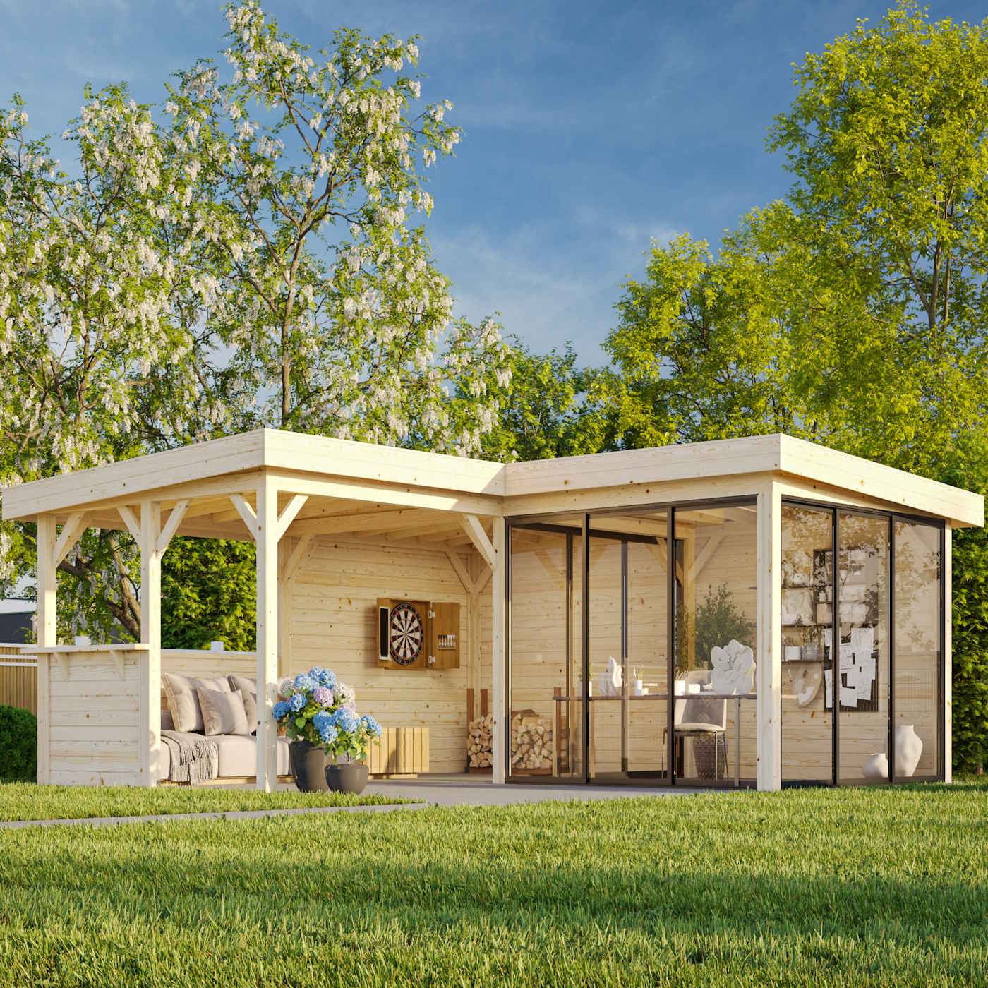 Lenna 24.9m L Flat Roof Connect with 4 Full Walls, 2 Sliding Doors and Corner Half Wall (6m x 6m x 3m)