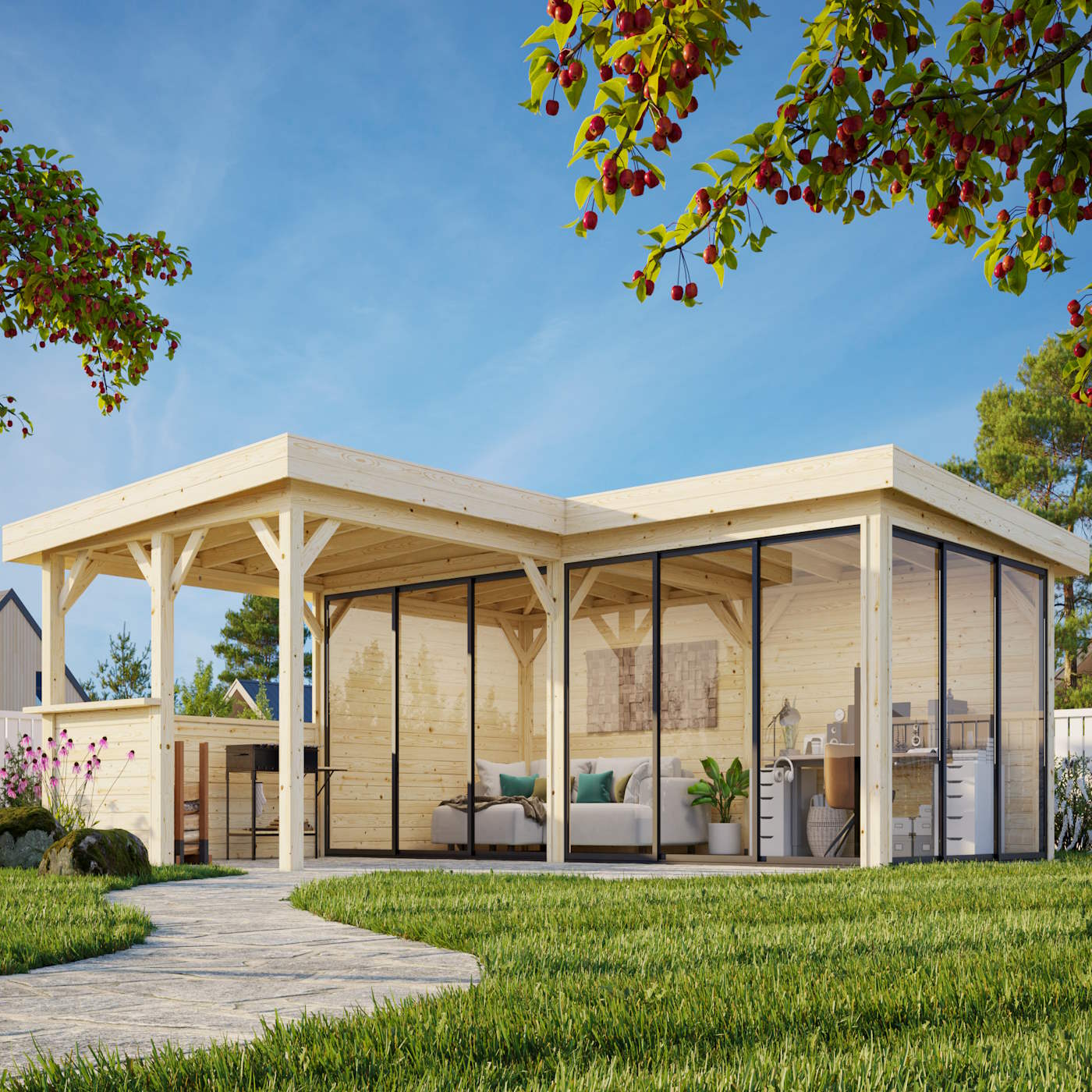 Lenna 24.9m L Flat Roof Connect with 3 Full Walls, 3 Sliding Doors and Corner Half Wall (6m x 6m x 3m)