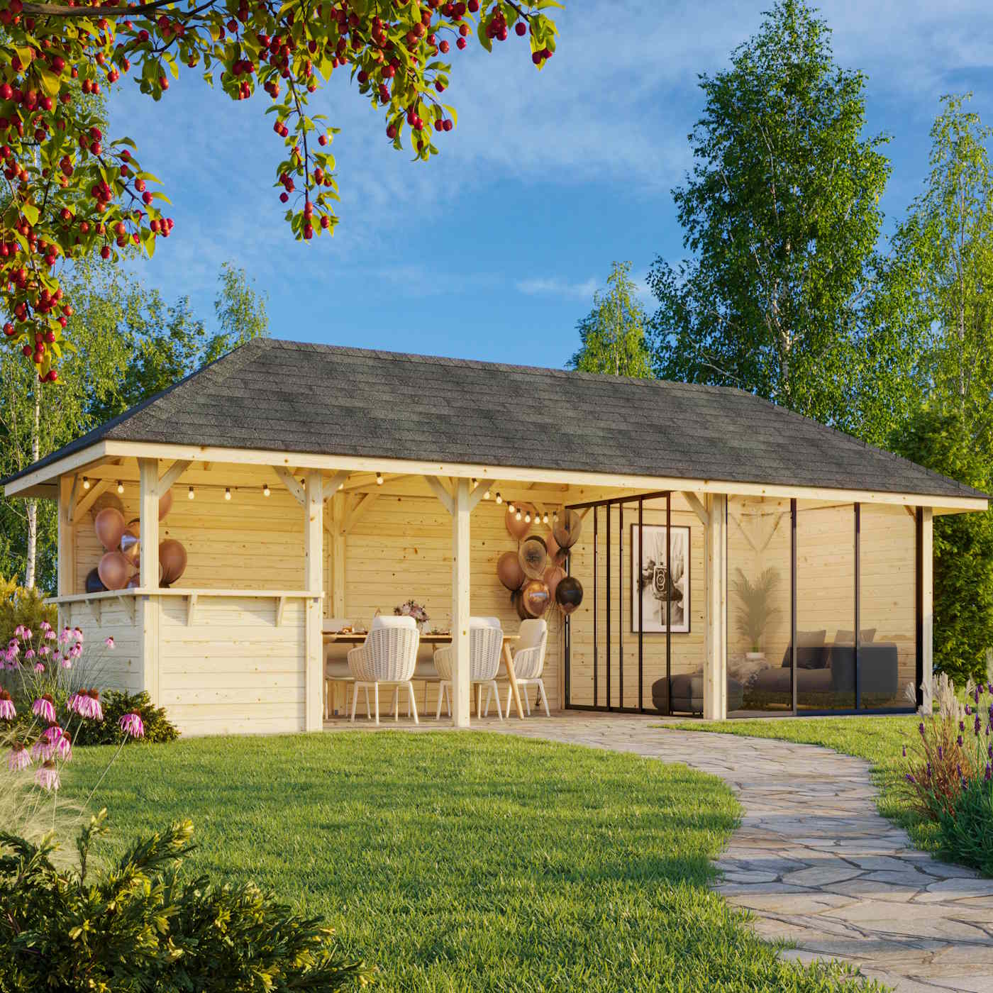 Bianca 24.9m I Gazebo with 4 Full Walls, 2 Sliding Doors and Corner Half Wall (319cm x 876cm x 300cm)