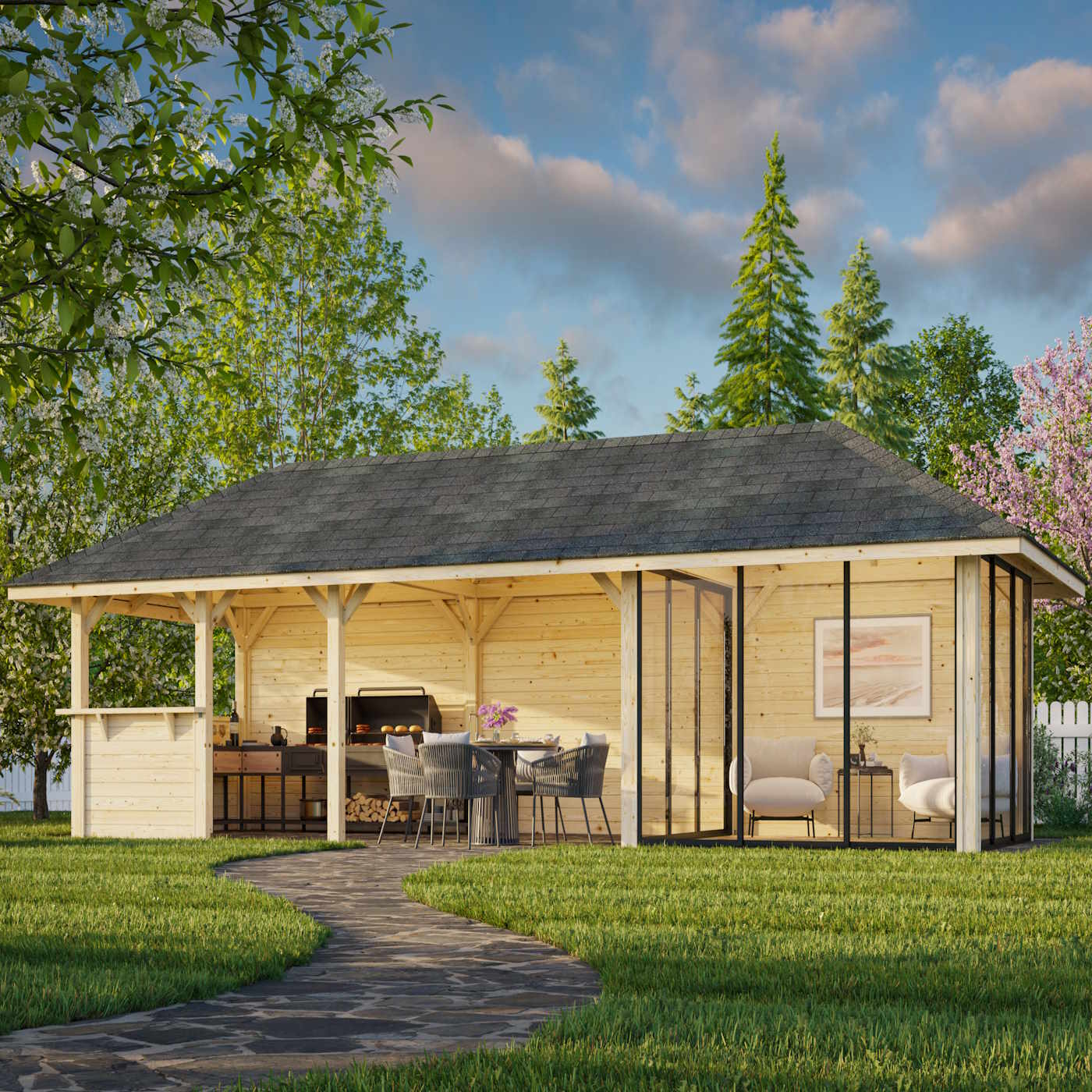 Bianca 24.9m I Gazebo with 3 Full Walls, 3 Sliding Doors and Corner Half Wall (319cm x 876cm x 300cm)