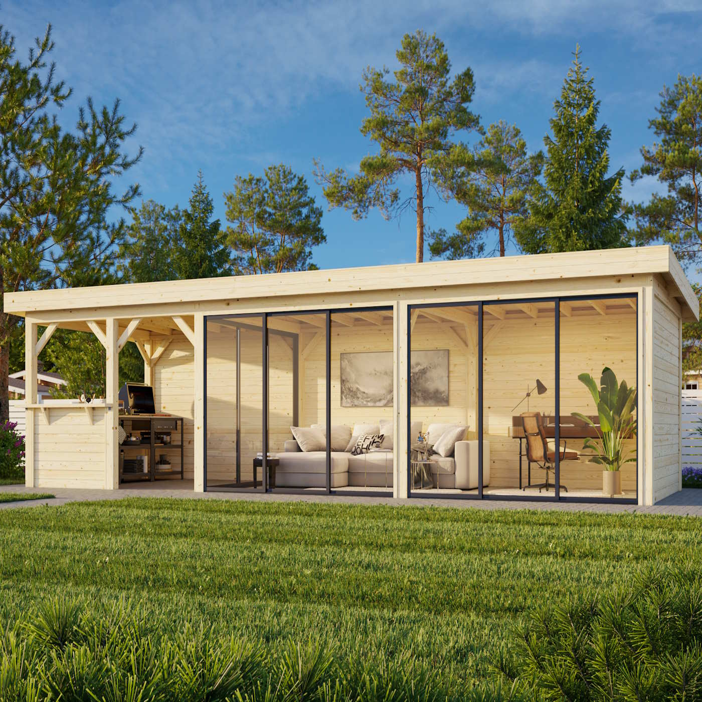 Lenna 24.9m I Flat Roof Connect with 4 Full Walls, 3 Sliding Doors and Corner Half Wall (9m x 3m)