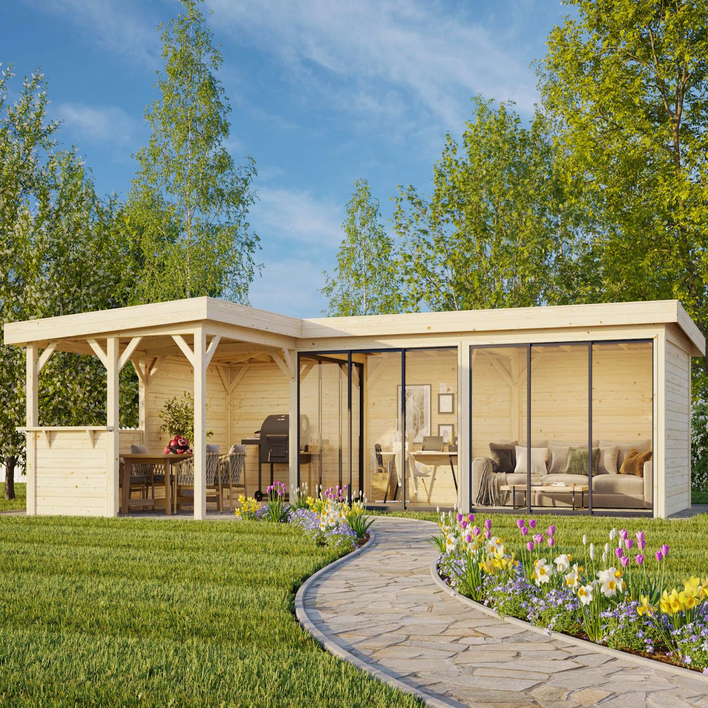 Lenna 33.2m L Flat Roof Connect with 5 Full Walls, 3 Sliding Doors and Corner Half Wall (9m x 6m x 3m)
