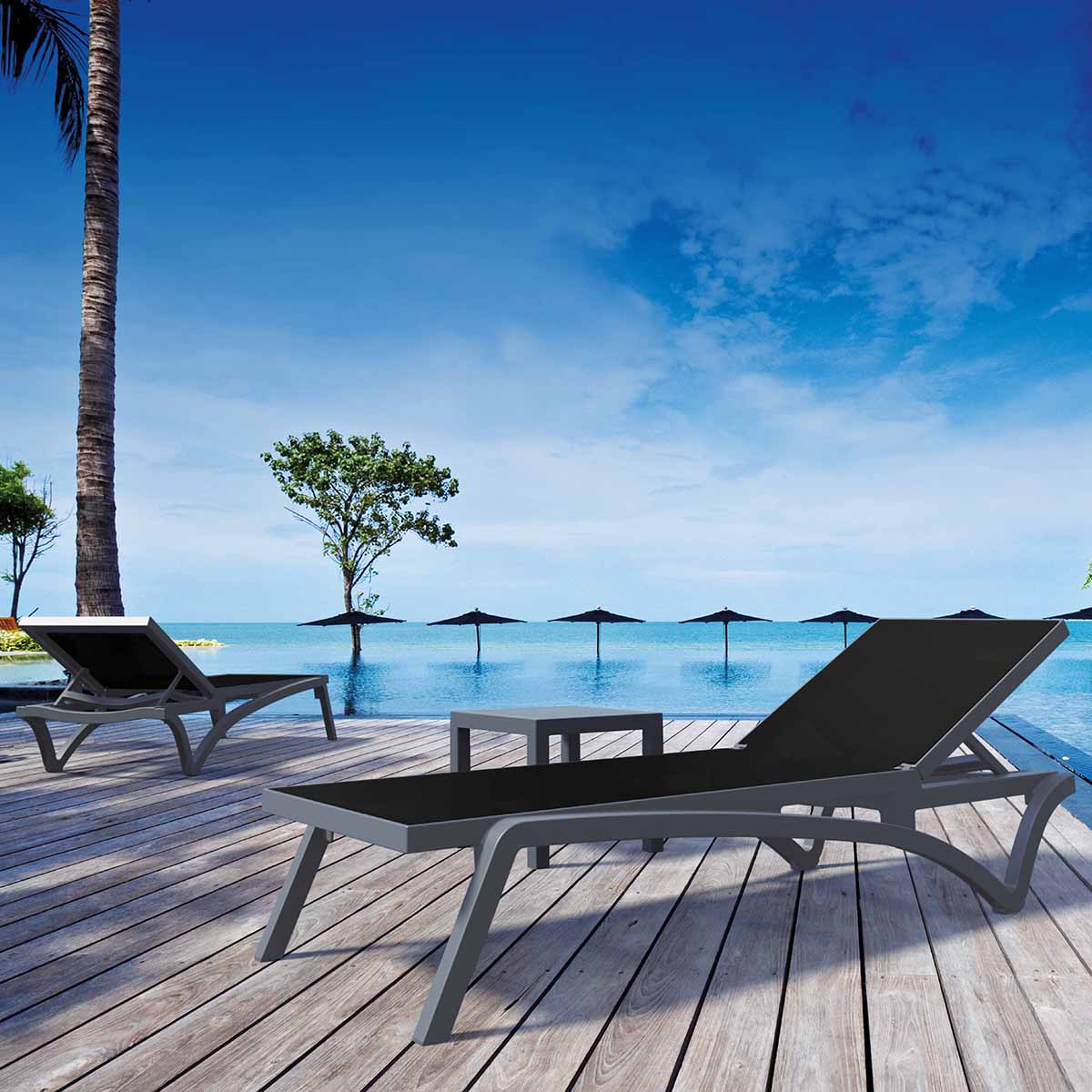 2 Pacific Sun Loungers and Ocean Side Table Set in Grey