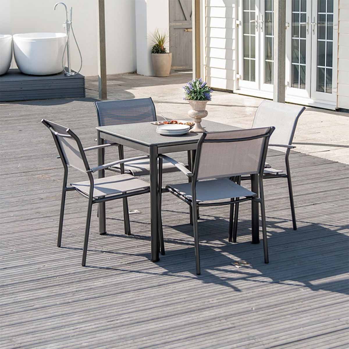 Portofino 4 Seat Square Set with Stacking Sling Armchairs