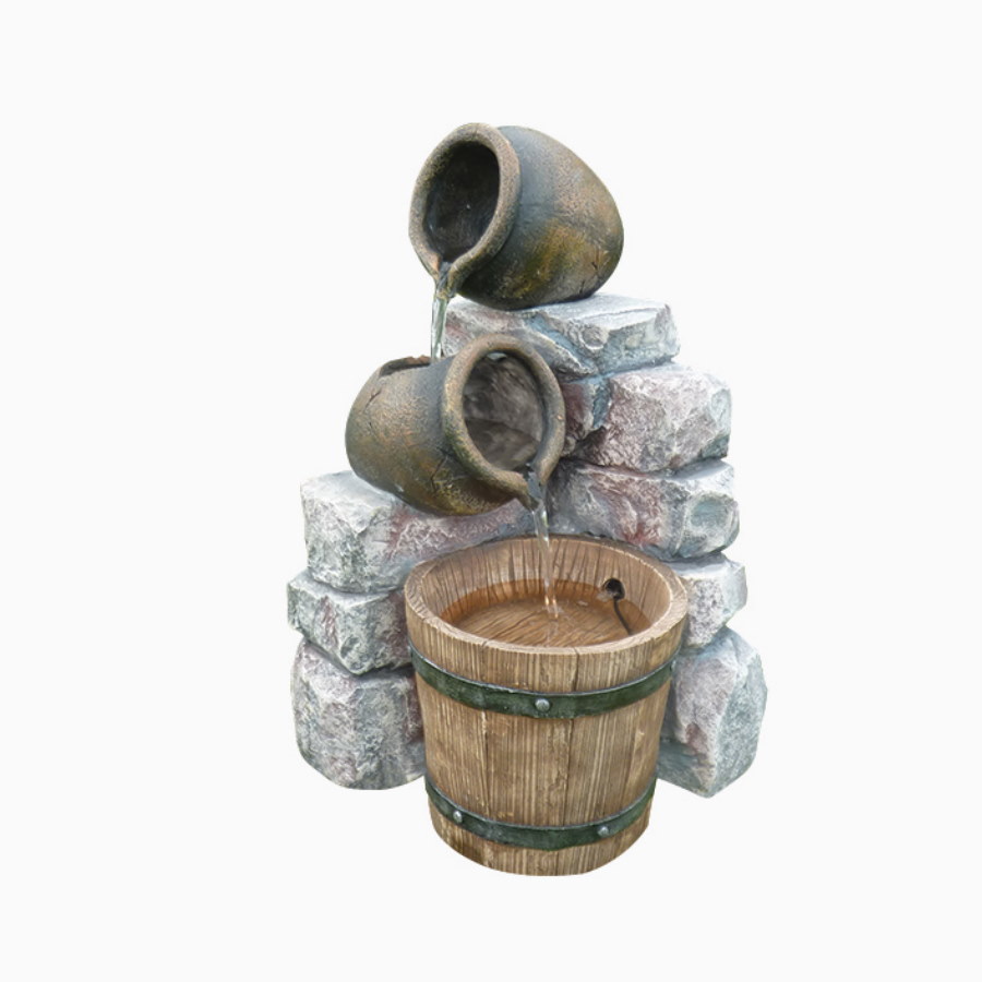 Medium 2 Pots & Wooden Barrel Water Feature