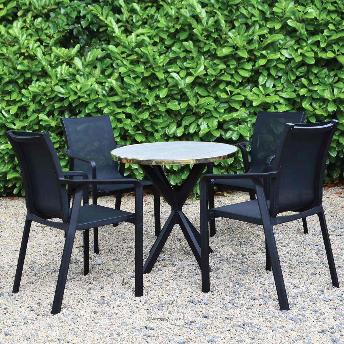 4 Seater Set Royal Marble 80cm Round Tavilio Curio Brass Table Lexi Legs & Pacific Chairs