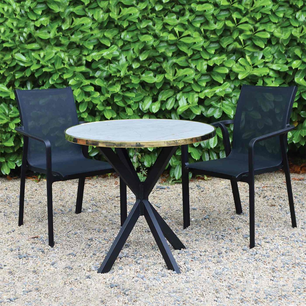 2 Seater Set Royal Marble 80cm Round Tavilio Curio Brass Table Lexi Legs & Pacific Chairs